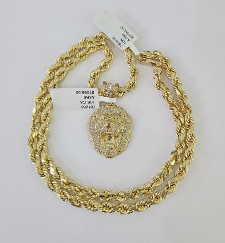 Real 10k Rope Chain RoaringLion Charm Necklace Pendant Set 5mm 20"-30" Inch Gold