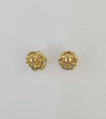 10k Diamond Flower Earrings Yellow gold Real Screw-Back Women Men studs