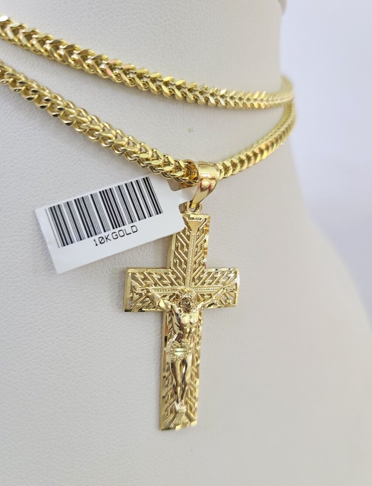 10K Franco Chain Jesus Cross Pendant Charm Necklace 20"-26" 3mm Gold Yellow SET