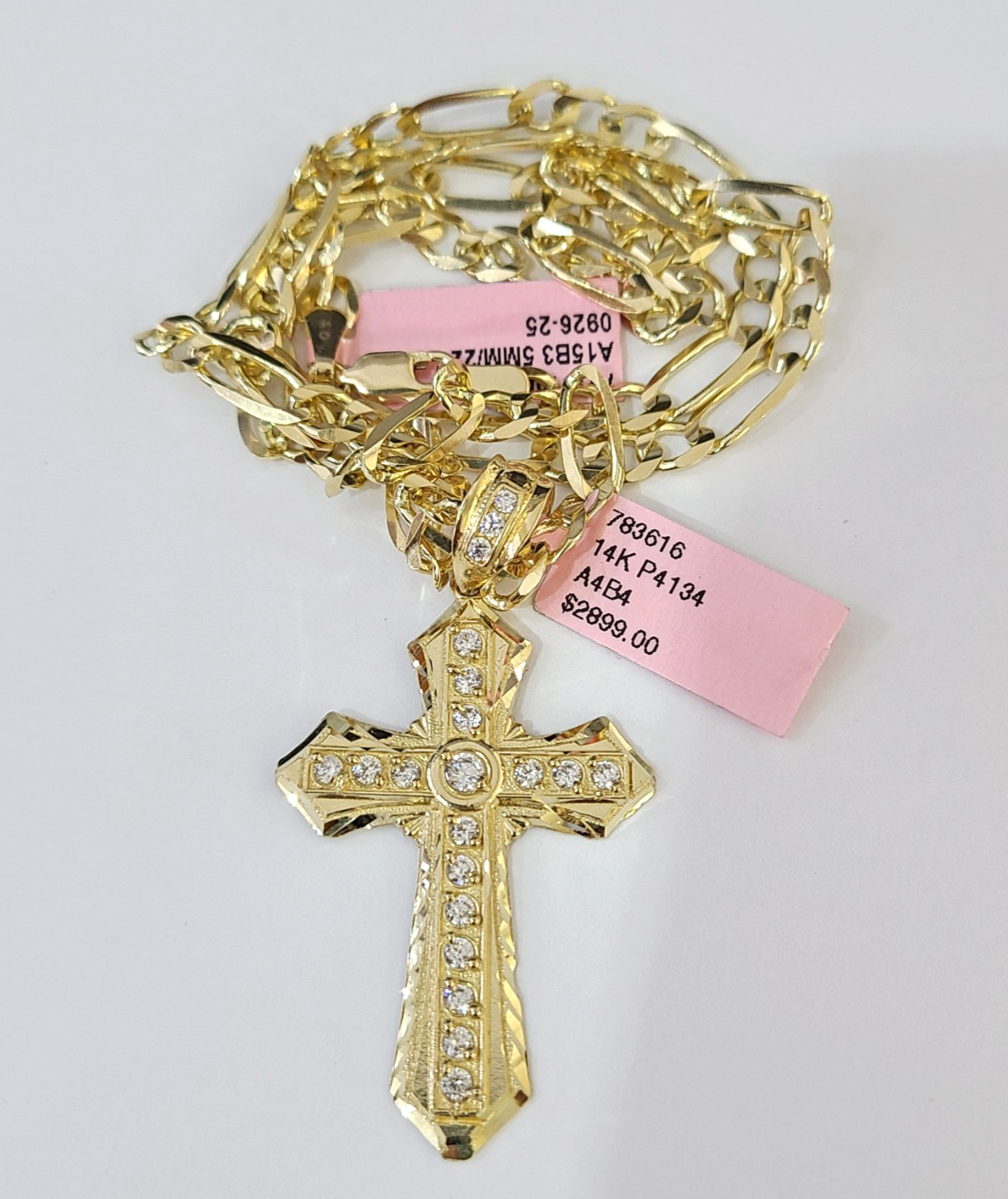 14k Solid Figaro Chain Jesus Cross Pendant Gold 5mm 18-28 inch SET Necklace