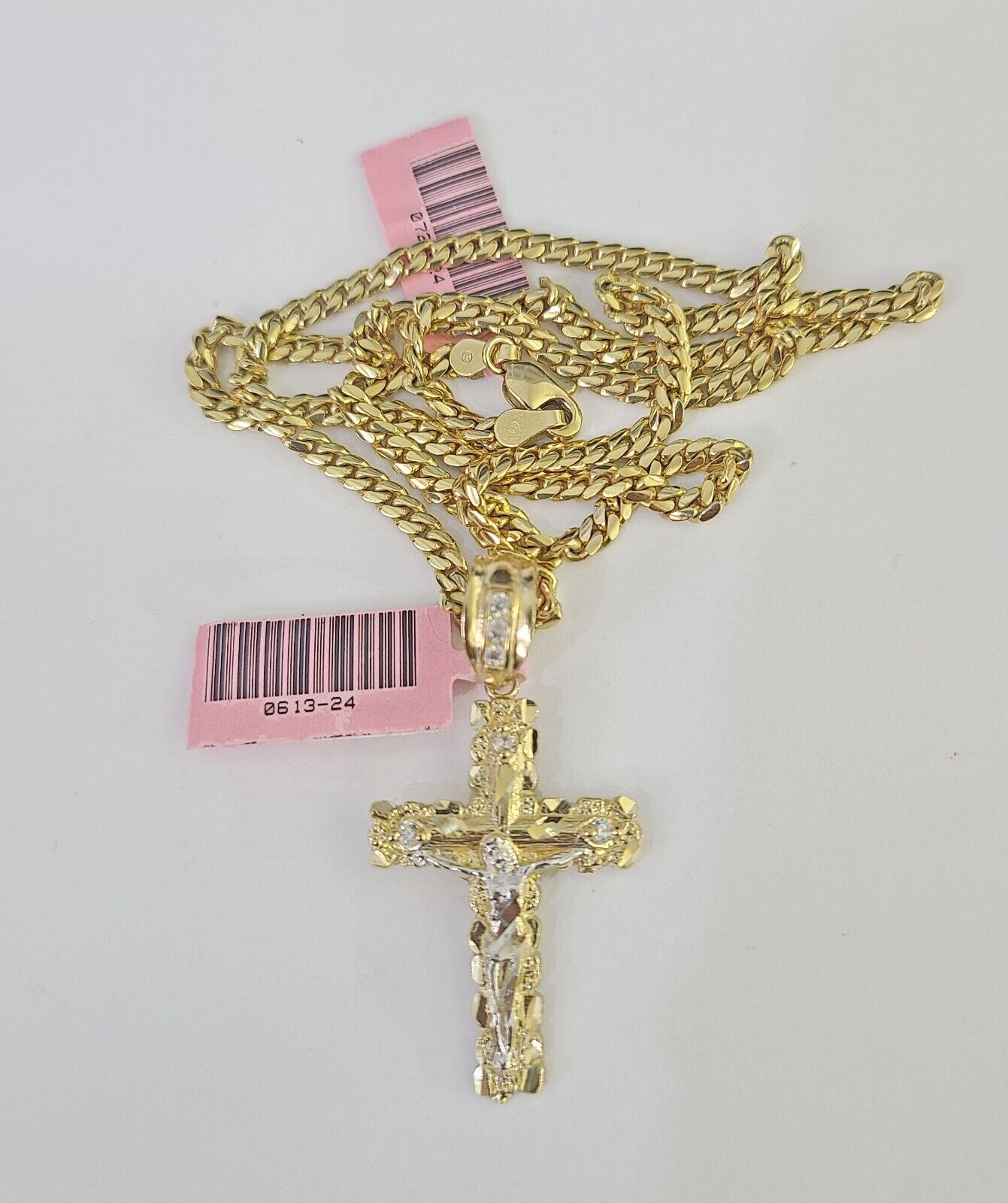 Real 14k Solid Chain Cross Charm Set Miami Cuban Link 3mm Necklace Pendant Gold