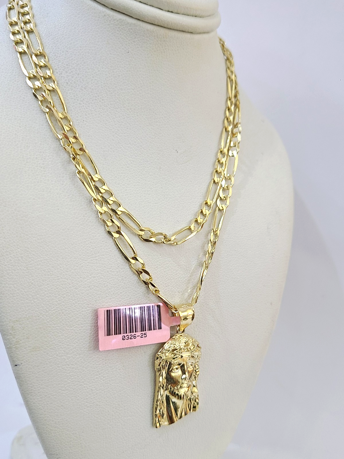 14k Solid Figaro Chain Jesus Head Pendant Gold 4mm 18-28 inch SET Necklace