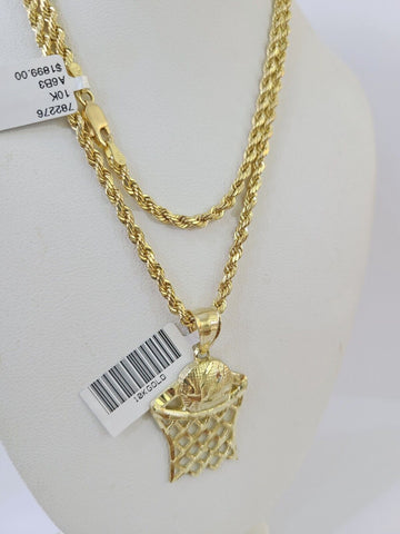 Real 10k 3mm Rope Chain Basketball Pendant 18" 20" 22" 24" 26" Yellow Gold Set