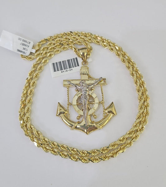 10k Solid Rope Chain Jesus Anchor Charm Set 4mm 20"-28" Necklace Gold Yellow