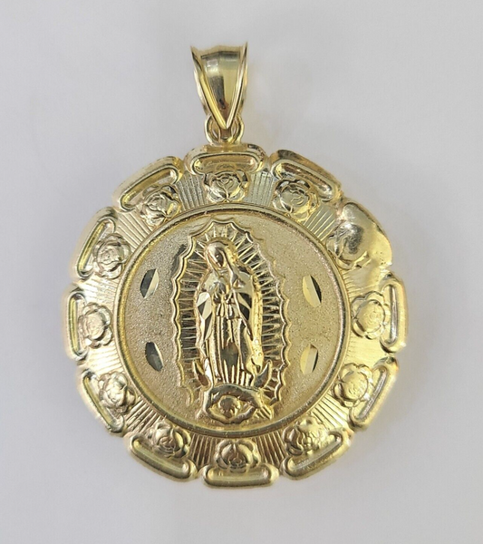 Real 10K Jesus Virgin Mary Pendent Charm Two Sided yellow Gold 1.5" Guadalupe