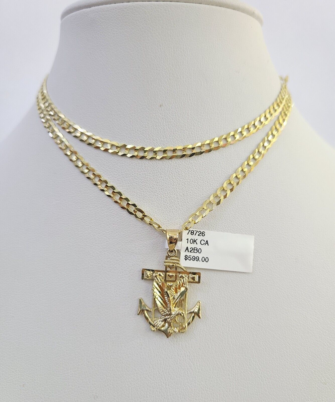 10k Gold Cuban Curb Chain Eagle Anchor Charm Solid 4mm 18"-28" SET Necklace