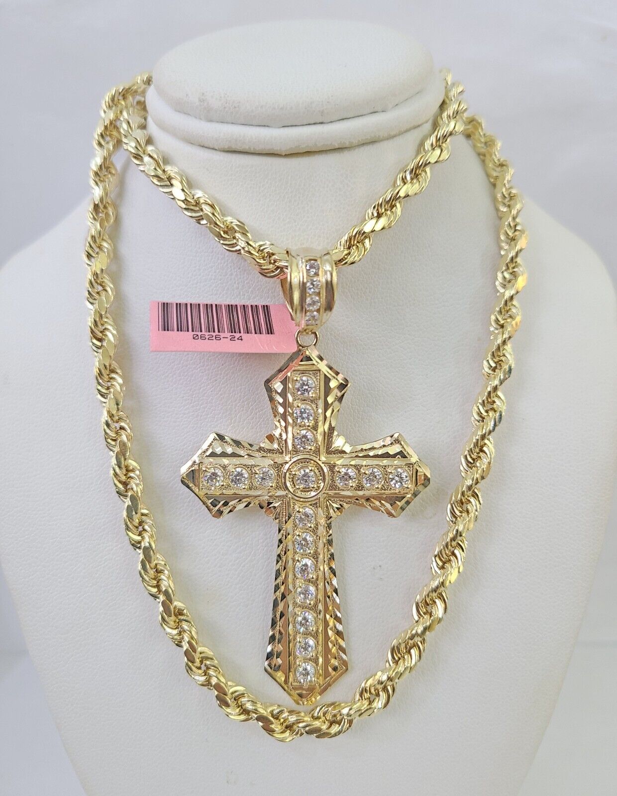 Real 14k Rope Chain Jesus Cross Charm Set 6mm 18"-28" Necklace Yellow Gold