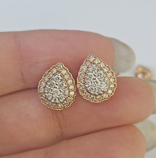 Real 10k Rose Gold Earrings Pear Shaped Diamond Screw-Back Women Men Studs