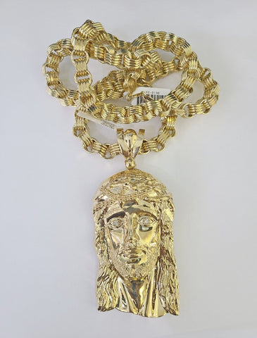 10k Gold Byzantine Necklace Jesus Head Charm 20-30 inches 9mm REAL SET Chain