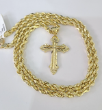 Real 10k Rope Chain Jesus Cross Charm Necklace Pendant Set 4mm 18"-28" Gold