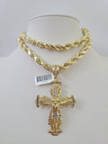 Real 10k Rope Chain Jesus Cross Charm Set 8mm 20"-30" Inch Necklace Yellow Gold