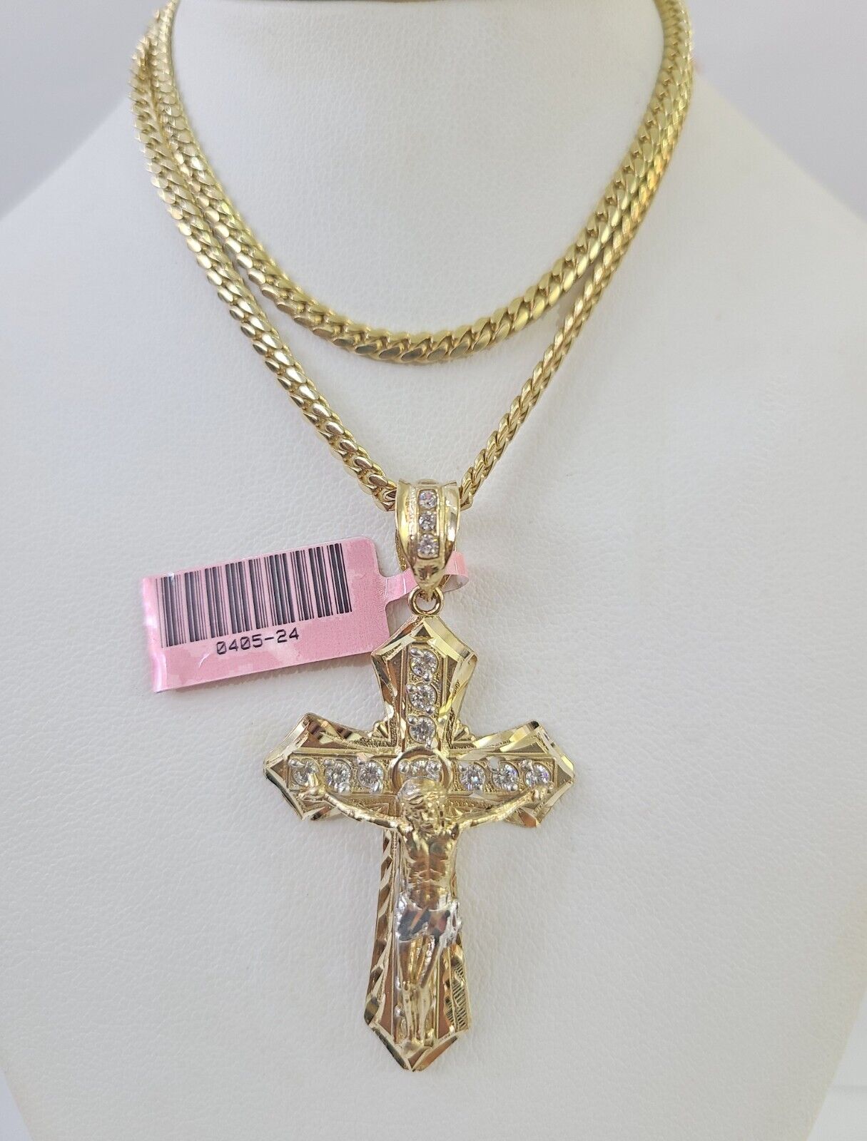 Real 14k Solid Chain Cross Charm Set Miami Cuban Link 3mm Necklace Pendant Gold