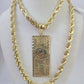 Real 10k Rope Chain 100$ Bill Money Charm Set 7mm 20"-28" Inch Necklace Gold