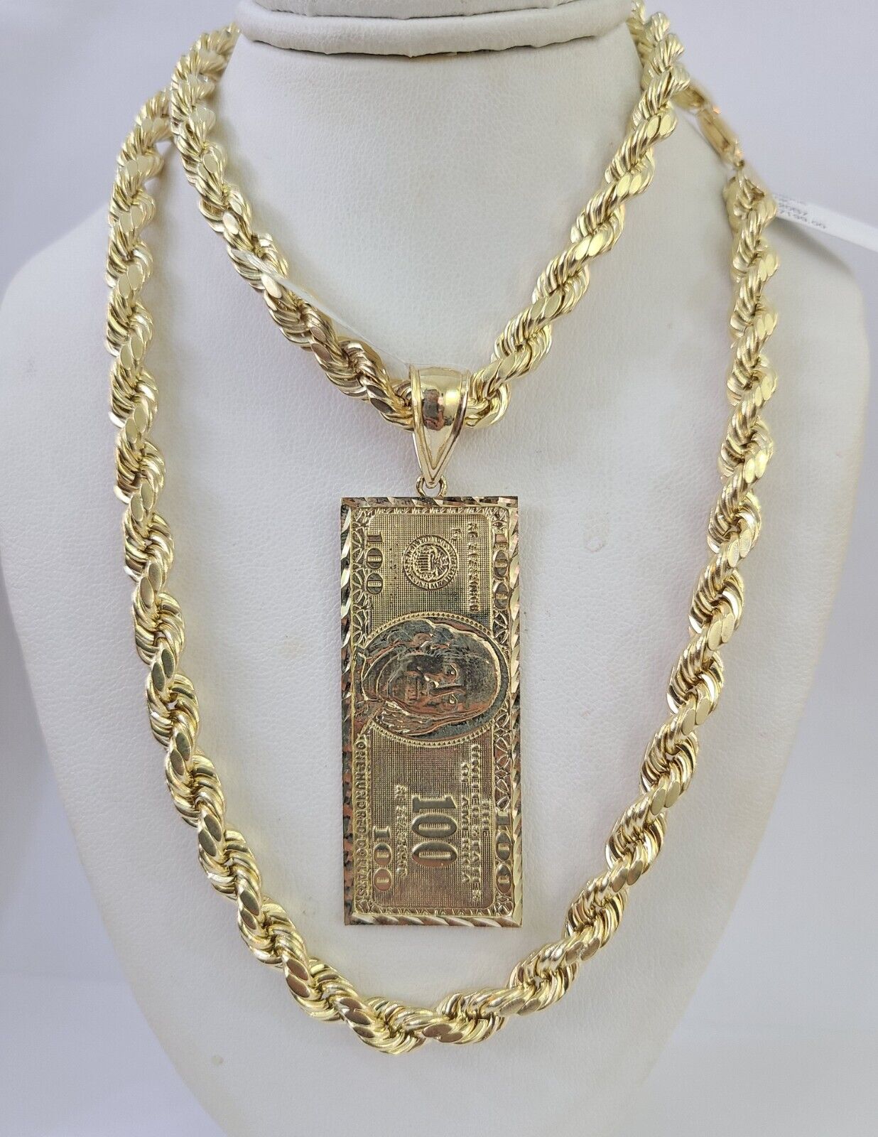 Real 10k Rope Chain 100$ Bill Money Charm Set 7mm 20"-28" Inch Necklace Gold