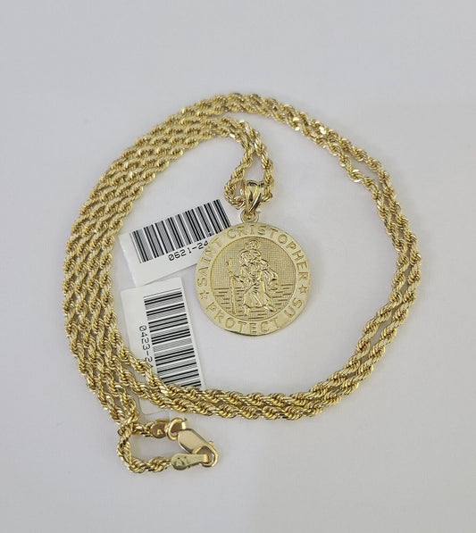 10k 2.5mm Rope Chain Saint Christopher Pendant 18"-30" Gold Set Charm Necklace