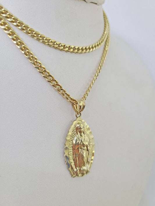 10k Miami Cuban Chain Virgin Mary Charm Set 4mm 18"-28" Necklace Yellow Gold