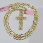 14k Solid Figaro Chain Nugget Cross Pendant Gold 5mm 18-28 inch SET Necklace