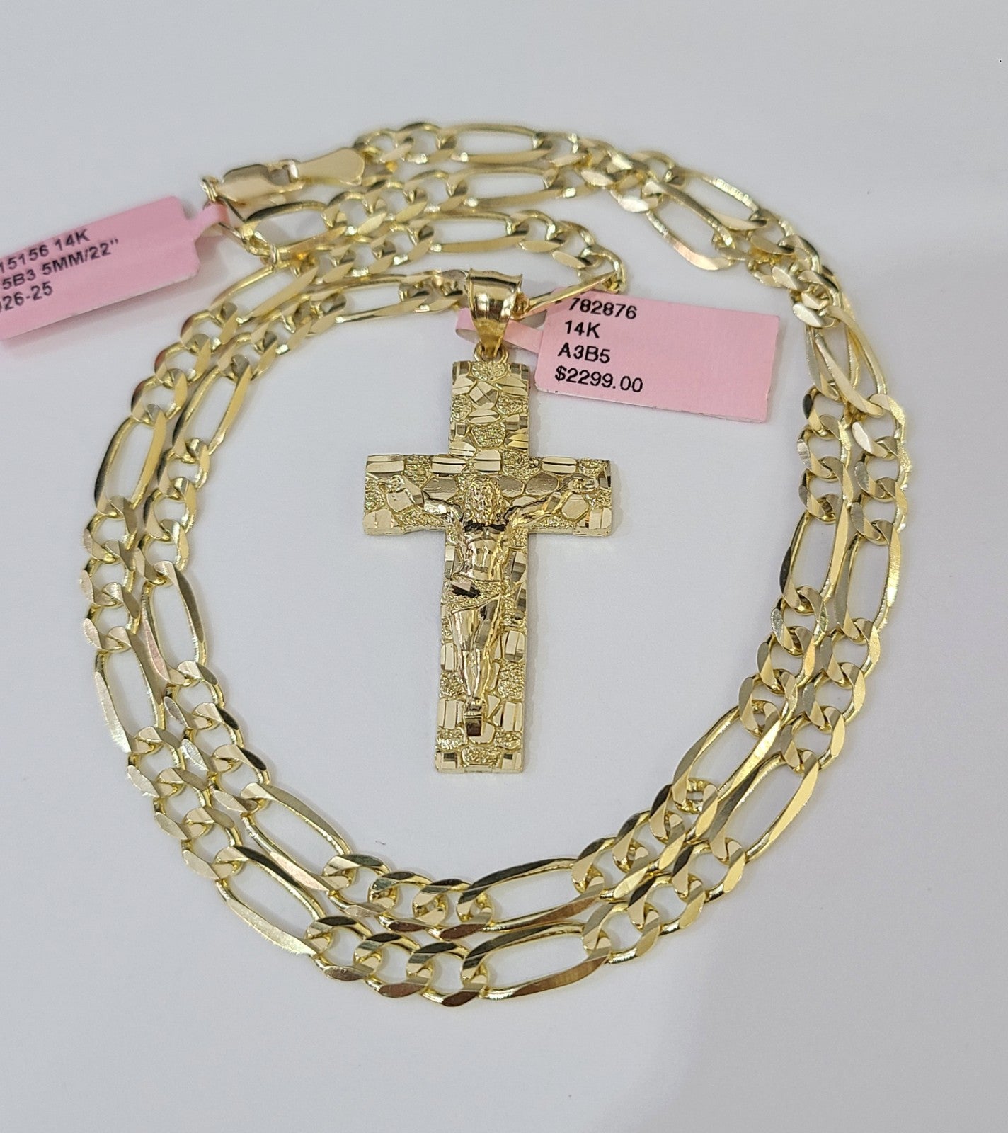 14k Solid Figaro Chain Nugget Cross Pendant Gold 5mm 18-28 inch SET Necklace
