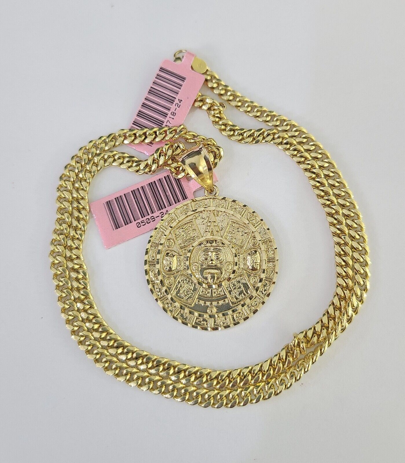 Real 14k Chain Mayan Calendar Charm Set Miami Cuban Link 4mm Necklace Pendant