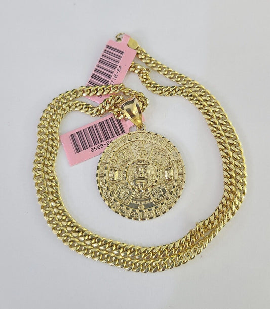 Real 14k Chain Mayan Calendar Charm Set Miami Cuban Link 4mm Necklace Pendant