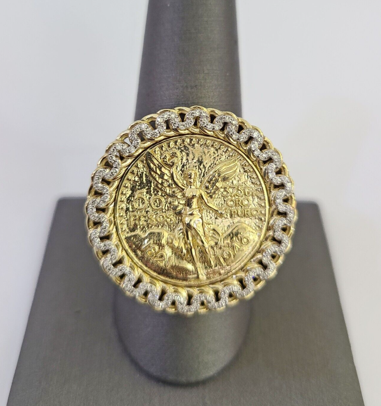 10k Diamond 50 Pesos Ring 1947 Mexico Mexican Mens Yellow Gold