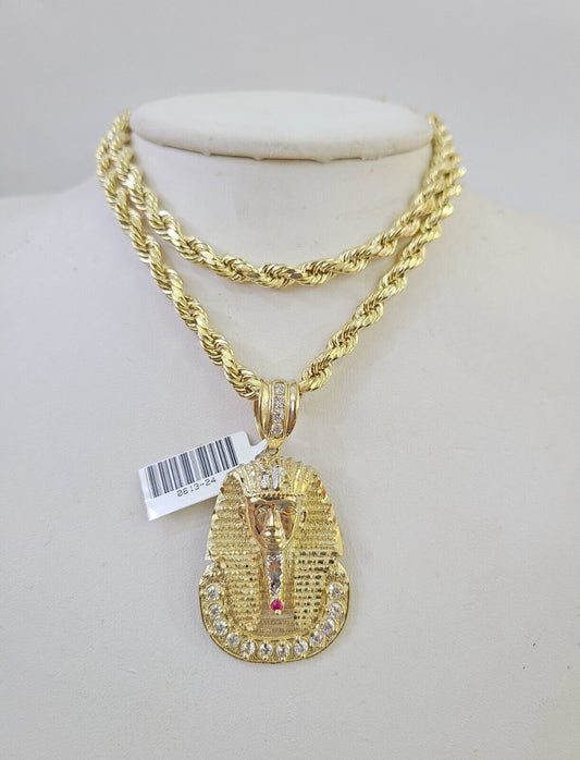 Real 10k Rope Chain Pharaoh Charm Set 7mm 18"-26" Inch Necklace Yellow Gold