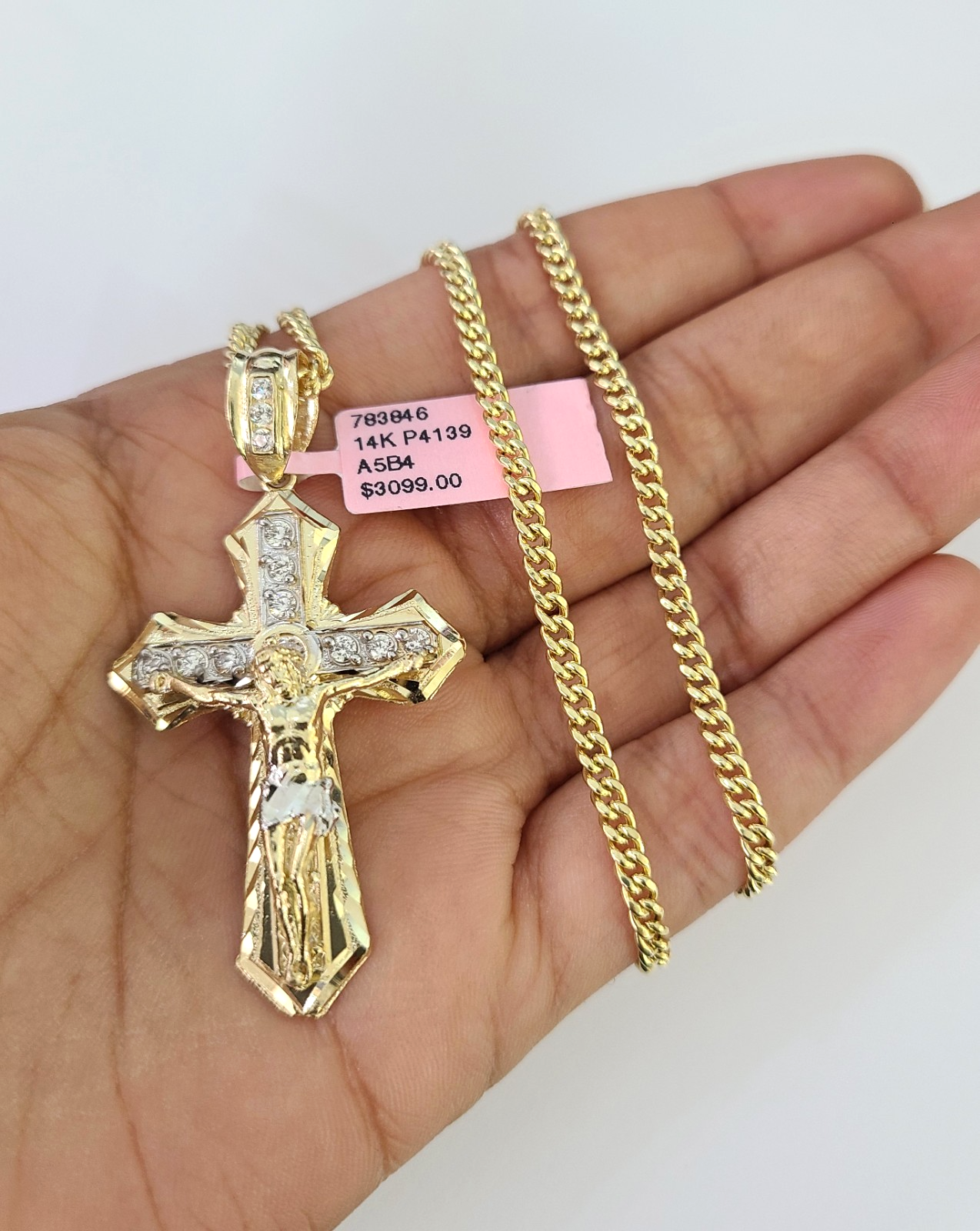 14k Miami Cuban Chain Jesus Cross Charm Pendant 3mm 18"24" inch SET Necklace
