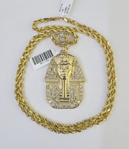 10k Solid Rope Chain Pharaoh Charm Set 4mm 18"-28" Necklace Yellow Gold Pendant