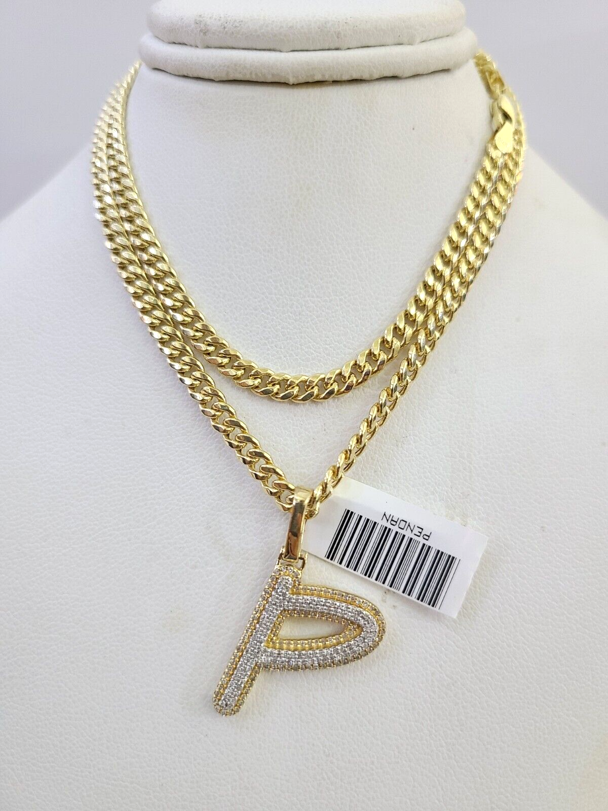 10k Miami Cuban Chain Diamond P Initial Charm Set 4mm 18"-28" Necklace Gold