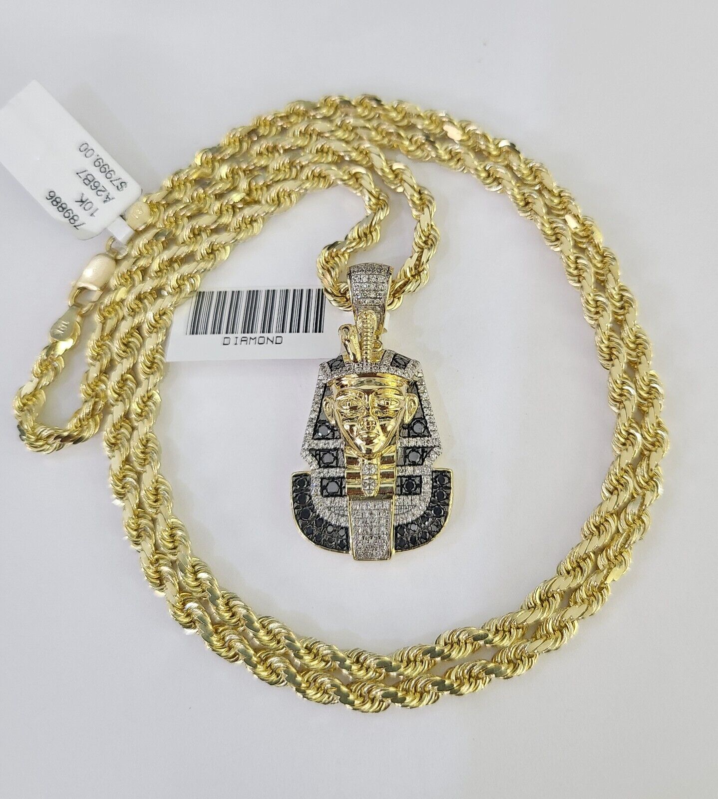 10k Solid Rope Chain Pharaoh Charm Diamond Set 4mm 20"-28" Necklace Gold Yellow