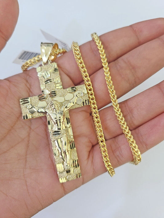 10K Franco Chain Jesus Crucifix Cross Pendant Charm Necklace 20"-26" 3mm Gold