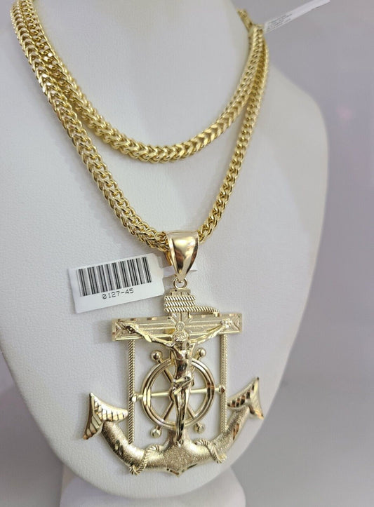 10K Franco Chain Necklace Jesus Anchor Pendant Charm 20"-28" 4mm Yellow Gold SET