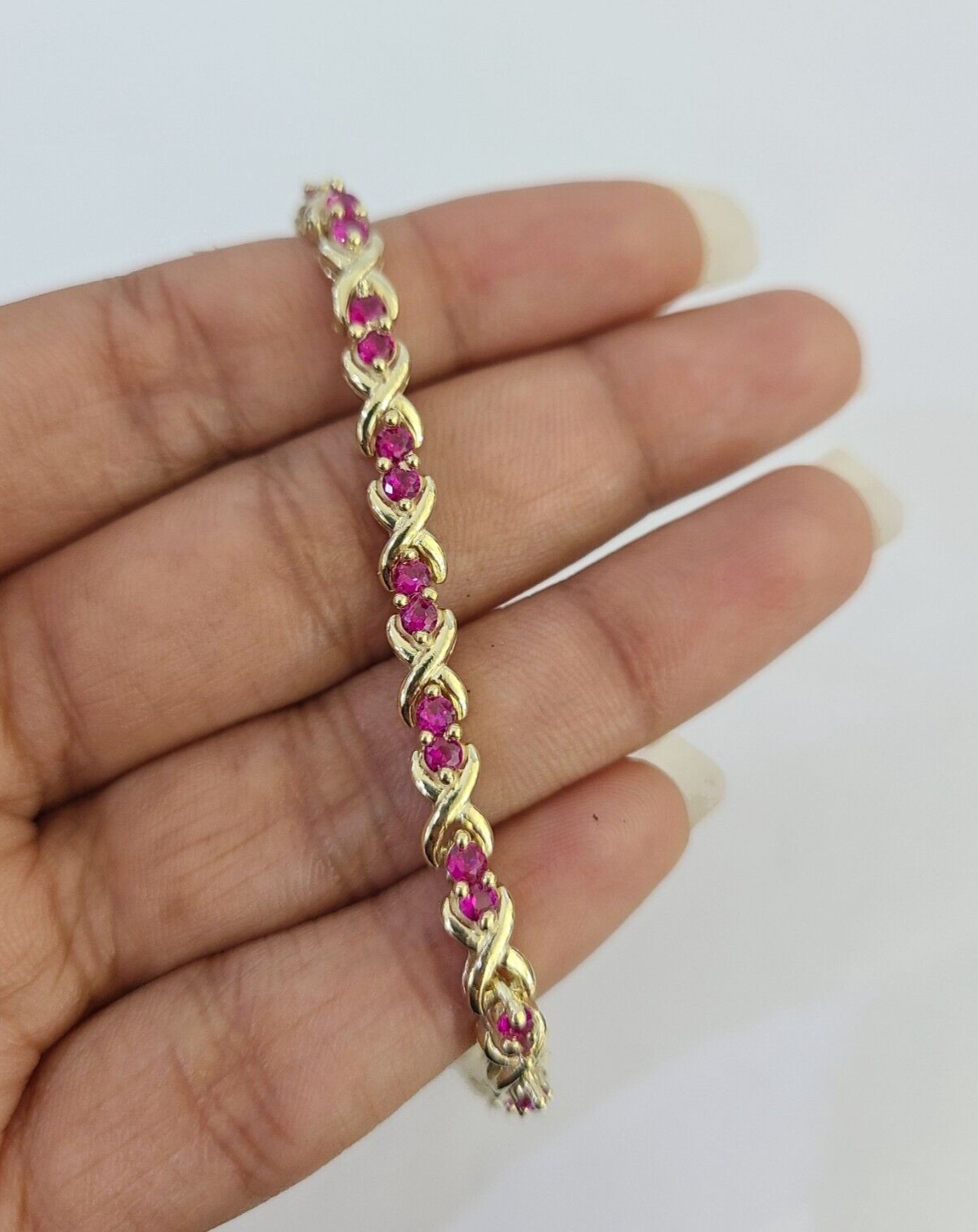 Real 10K Yellow Gold Pink Tennis Bracelet 4mm 7.5 Inches 10kt Gold