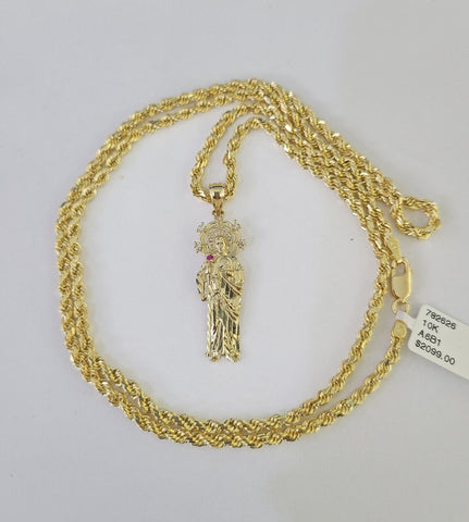 10k 3mm Rope Chain Saint Jude Pendant 18"-30" Yellow Gold Set Charm Necklace