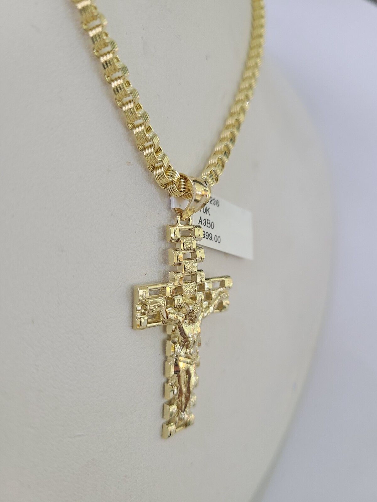 10k Gold Byzantine Necklace Jesus Cross Charm 18-28 inch 3mm SET Chain Pendant