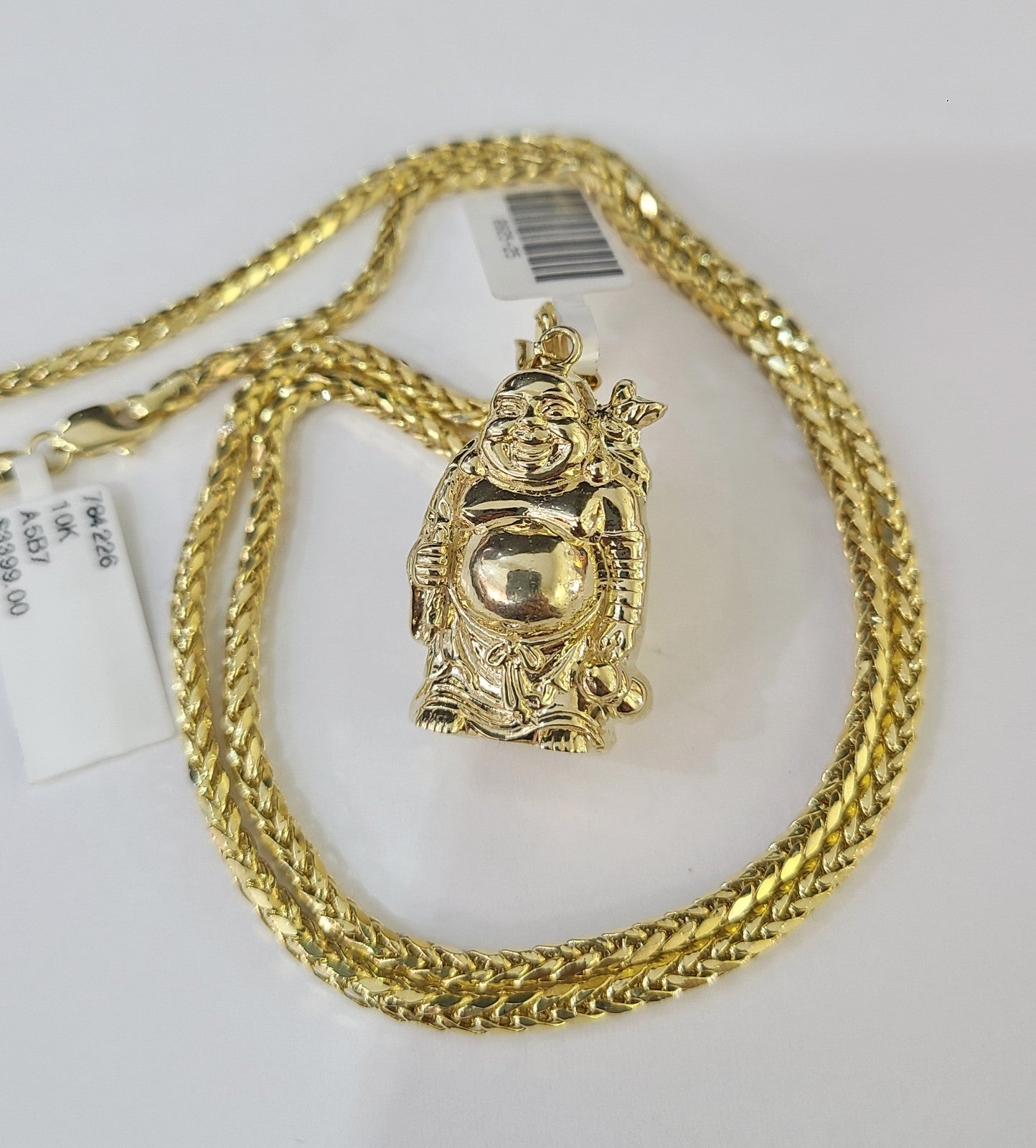 REAL 10k Yellow Gold Palm Chain Laughing Buddha Pendant Charm 3mm Necklace SET