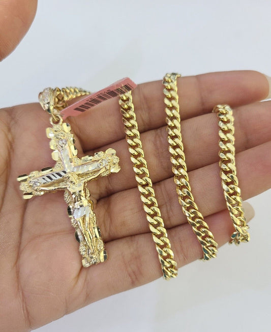 Real 14k Chain Cross Charm Set Miami Cuban Link 5mm 18"-30" Necklace Pendant