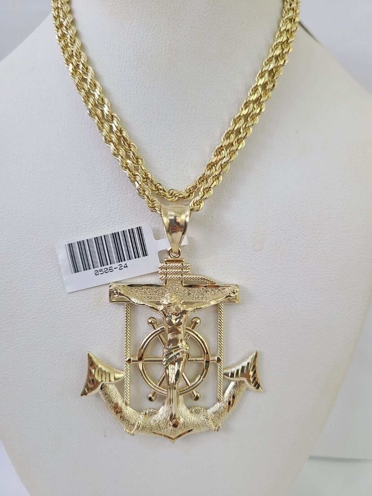 Real 10k Solid Rope Chain Jesus Anchor Charm Set 3mm 20"-30" Inch Necklace Gold