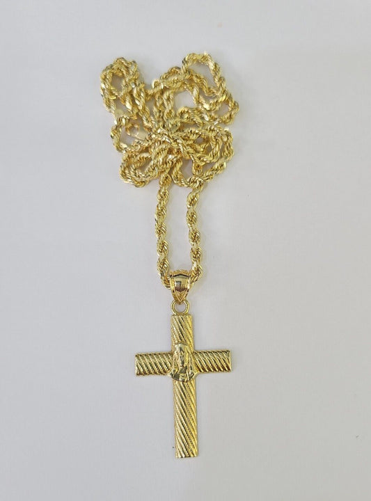 10k 3mm Rope Chain Jesus Cross Pendant 18"-30" Yellow Gold Set Charm Necklace