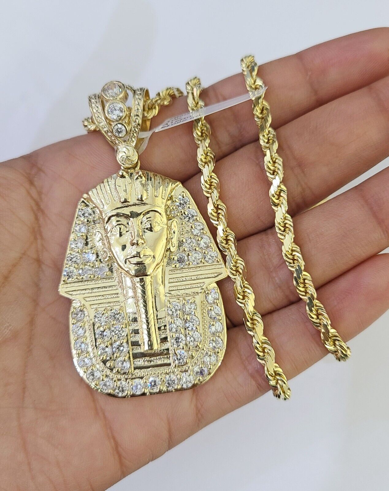 10k Solid Rope Chain Pharaoh Charm Set 4mm 18"-28" Necklace Yellow Gold Pendant