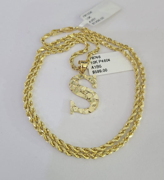 10k Gold Initial S Charm Rope Chain 16"-26" 2.5mm SET Necklace Alphabet Pendant