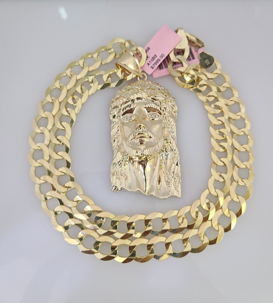 14k Gold Chain Jesus Head Charm Solid Cuban Curb 10mm 20"-30" SET Necklace