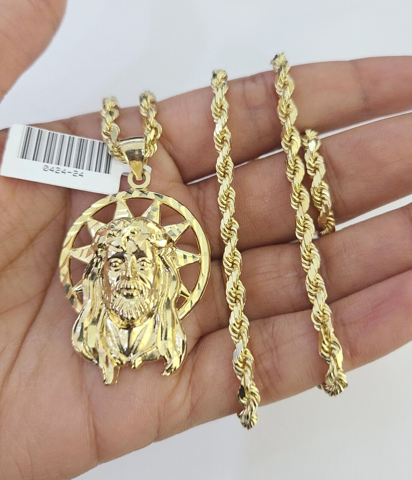 10k Solid Rope Chain Jesus Head Charm Set 4mm 18"-30" Necklace Gold Pendant