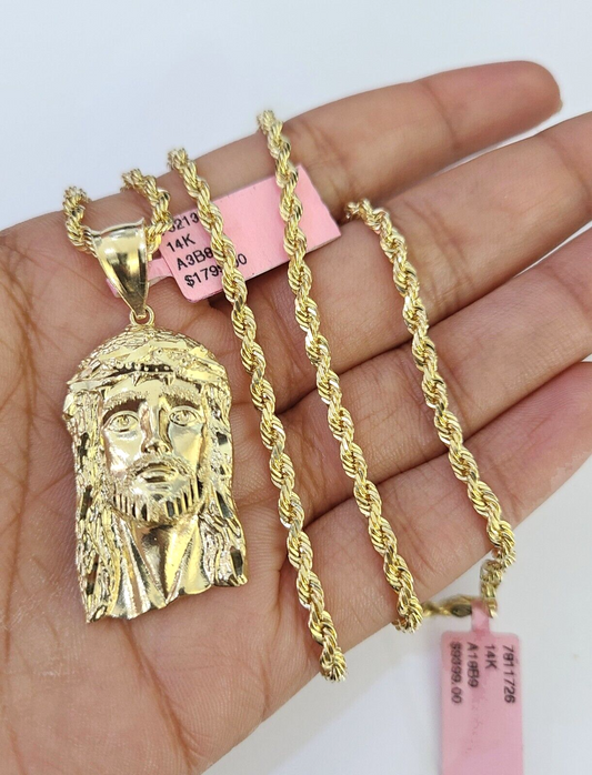 Real 14k Solid Rope Chain Jesus Head Charm Set 3mm 18"-26" Necklace Yellow Gold