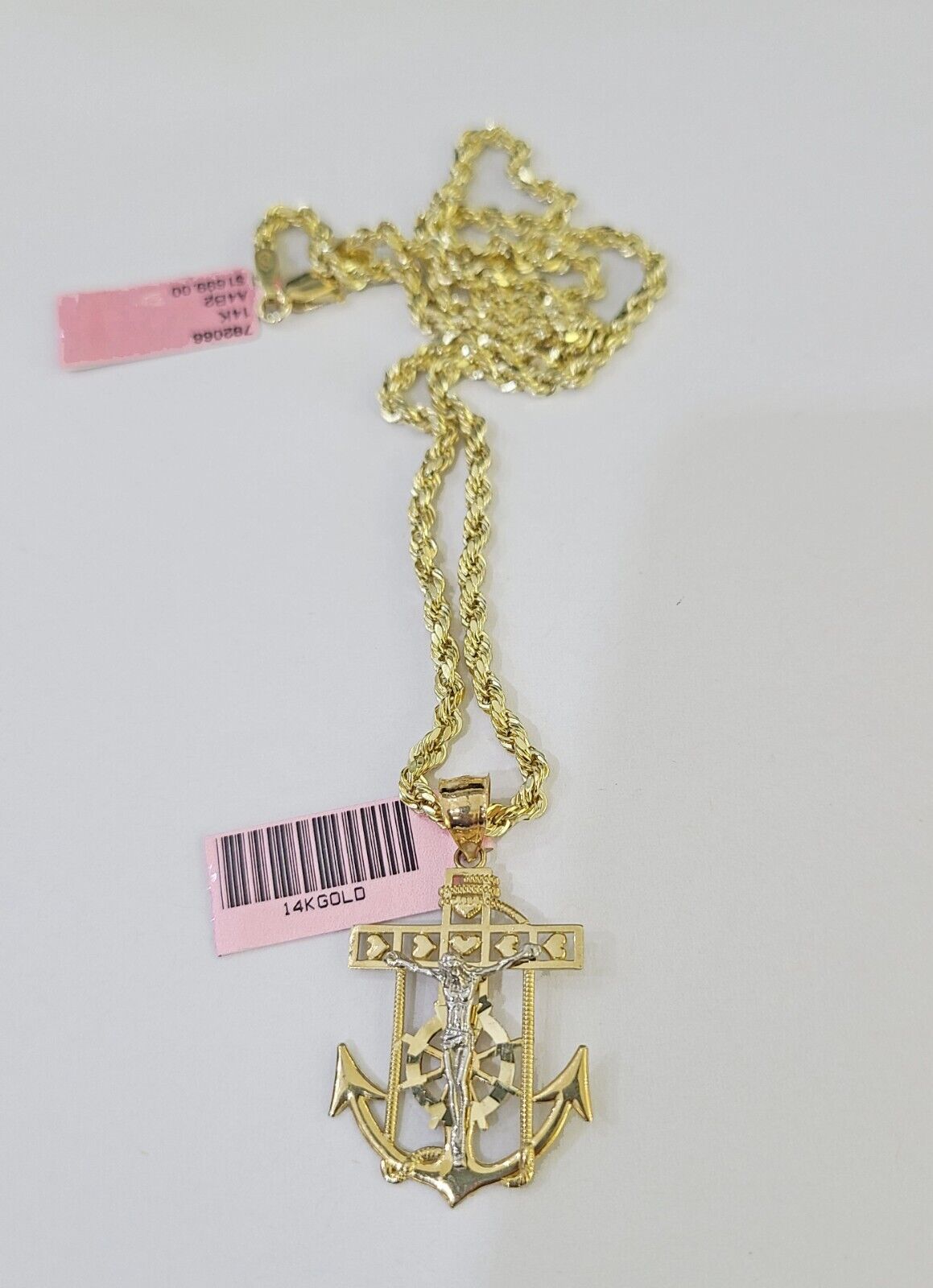 Real 14k Yellow Gold Rope Chain Jesus Anchor Charm Set 3mm 18"-26" Necklace