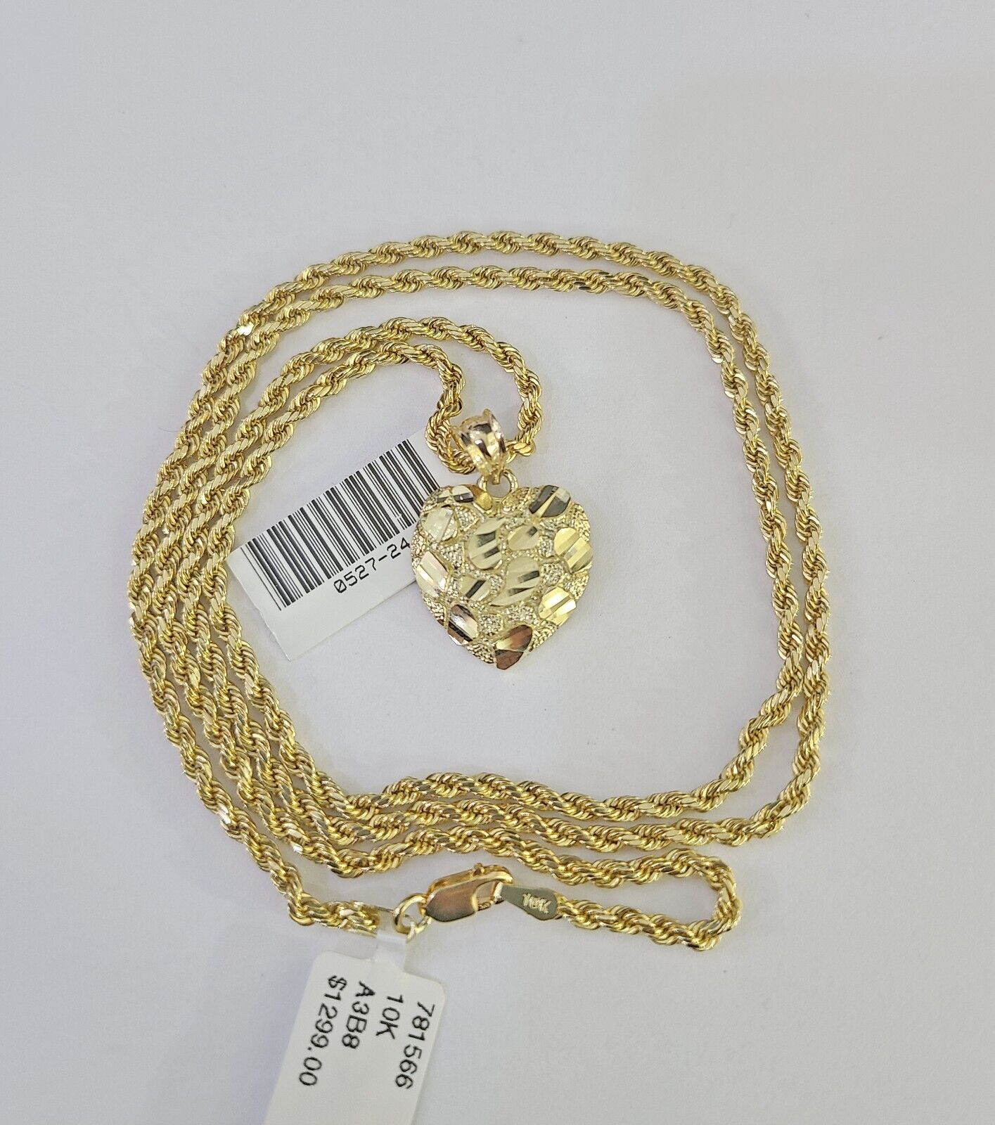 10k 2.5mm Rope Chain Nugget Heart Pendant 18"-30" Yellow Gold Set Charm Necklace