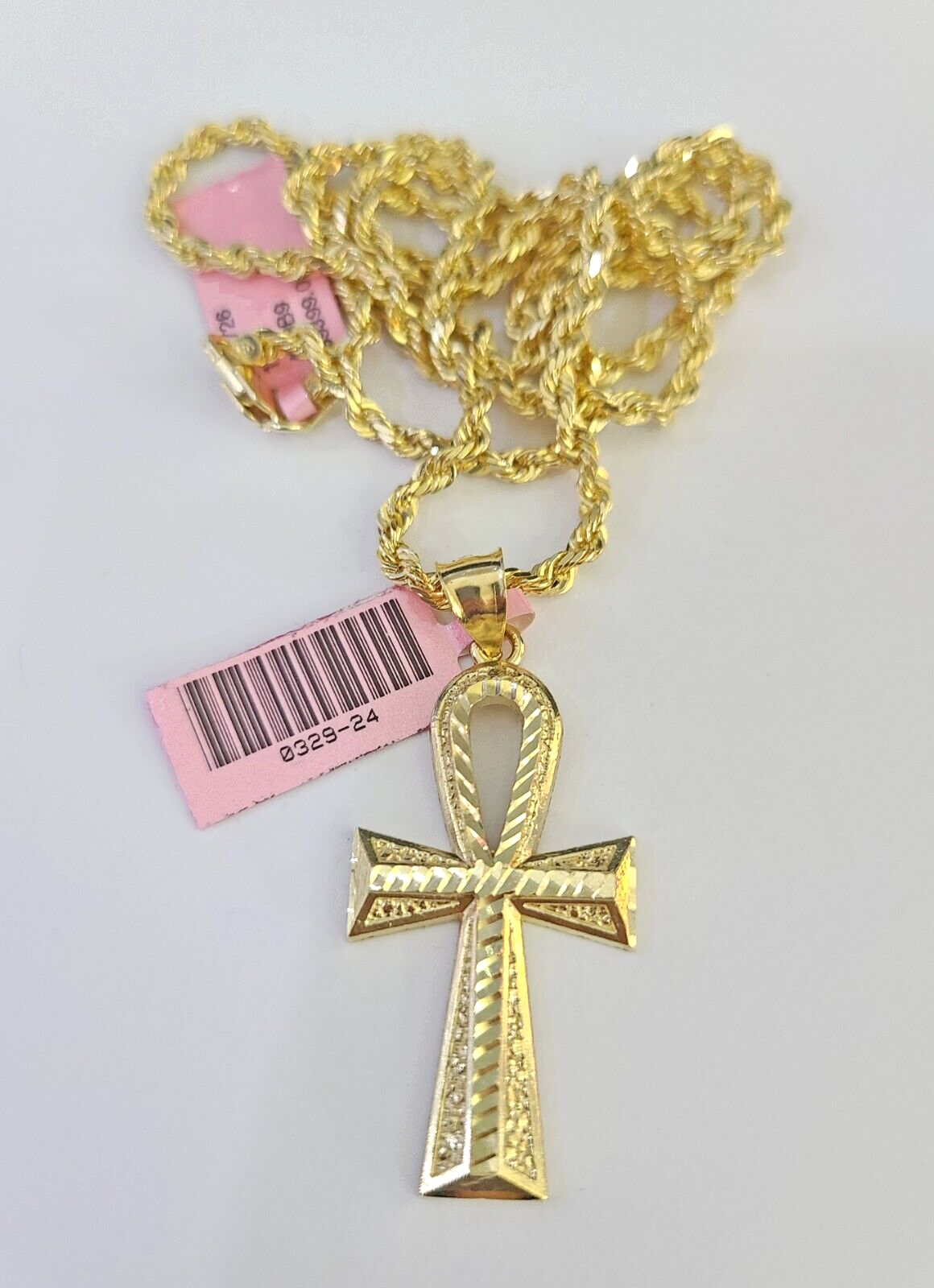 Real 14k Solid Rope Chain Jesus Ankh Cross Charm Set 3mm 18"-26" Necklace Gold