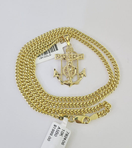 10K Gold Miami Cuban Chain Jesus Anchor Charm 18"-28" 3mm REAL Pendant Necklace