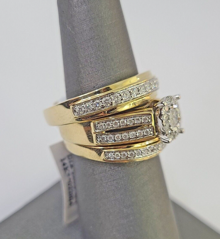 REAL 14k Diamond Ring Yellow Gold Ladies Men Trio SET Wedding Engagement Genuine