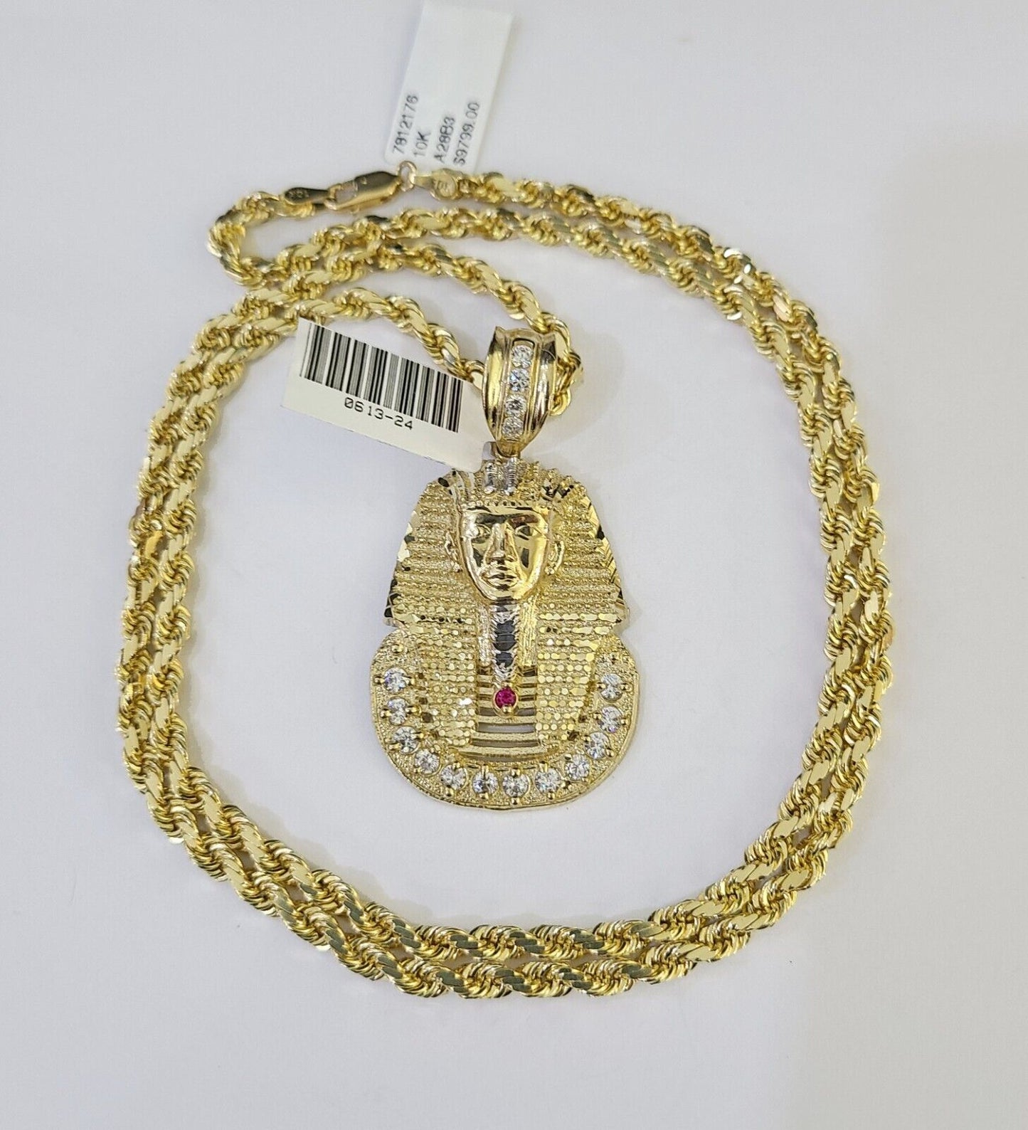 10k Solid Rope Chain Pharaoh Charm Set 4mm 18"-28" Necklace Yellow Gold Pendant